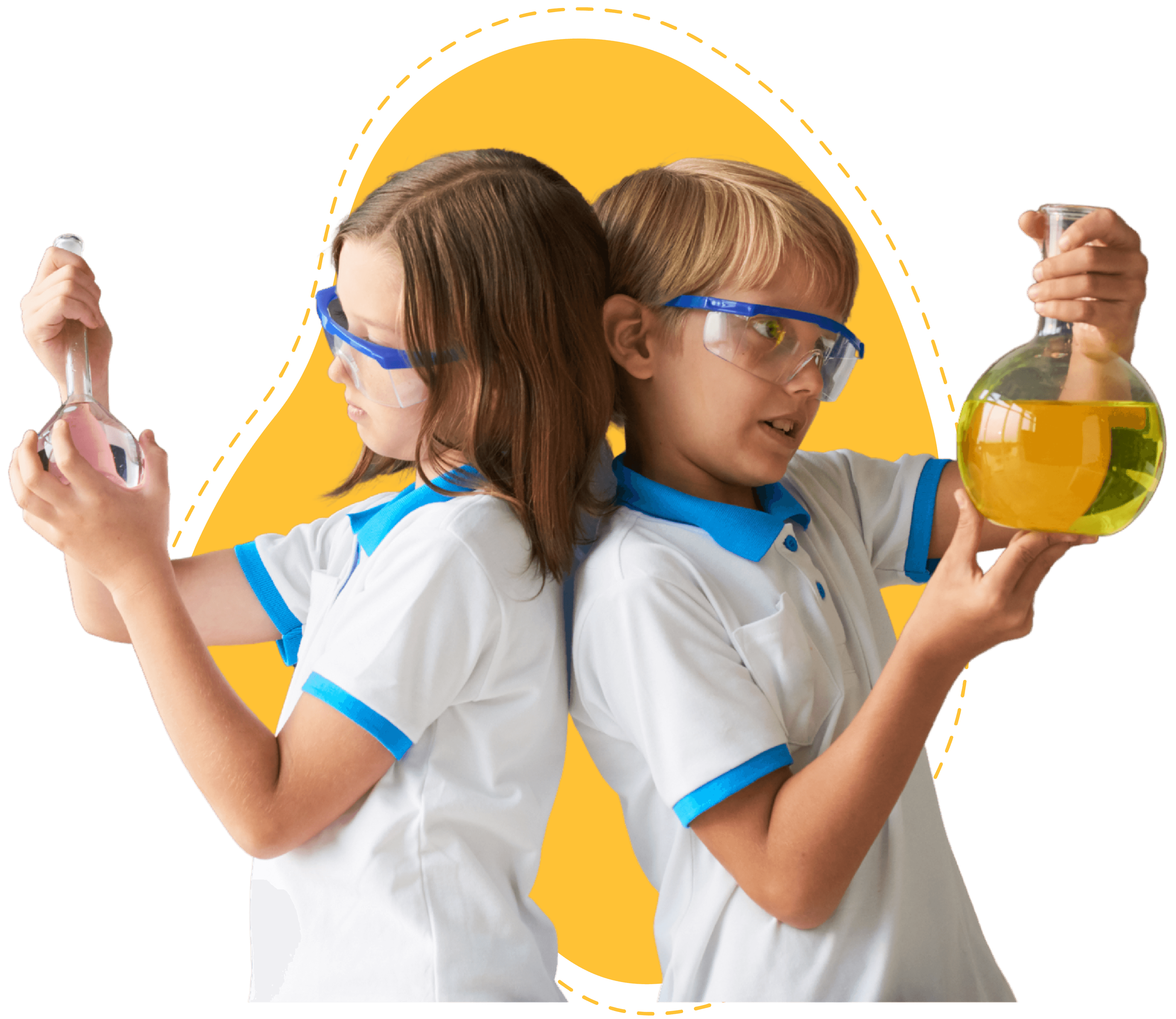 Niños con bata de laboratorio en el programa de Física y Química
